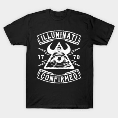 Black t-shirt with white Illuminati design, featuring an eye and triangle motif, cotton material, casual style.