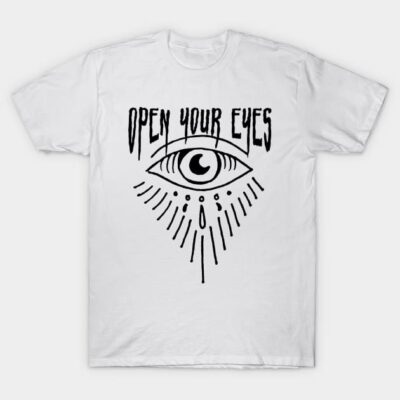 White cotton t-shirt with "Open Your Eyes" text and eye graphic, casual style, unisex design, perfect for everyday wear.