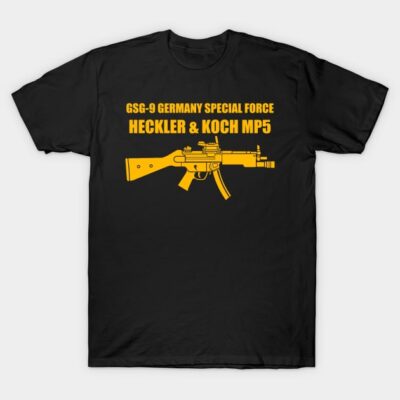 Black T-shirt with yellow graphic of firearm and text, casual wear, cotton material, unisex style.