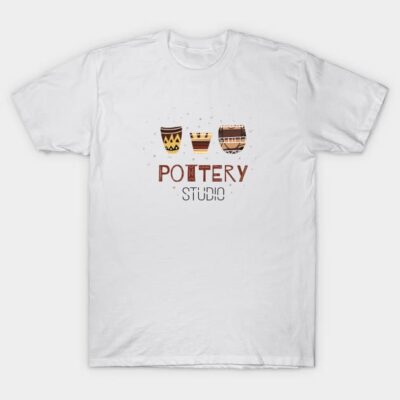 White unisex T-shirt with pottery-themed graphic design, featuring colorful tribal-style pots. Cotton, casual wear.