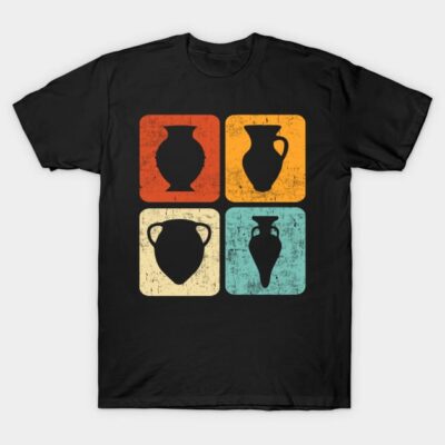 Black T-shirt with vintage pottery graphic design, featuring four colorful squares. Cotton material, casual wear.