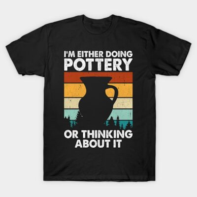 Black pottery-themed T-shirt with vintage design, featuring colorful stripes and humorous text about pottery enthusiasts.
