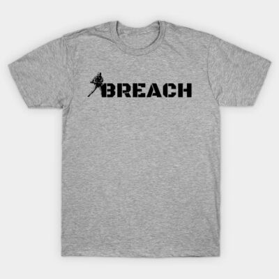 Gray t-shirt with "BREACH" in bold black letters, casual style, cotton material, perfect for everyday wear.