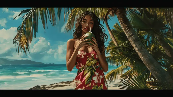 Red tropical floral sundress, sleeveless beachwear with green leaves, ideal for summer vacations or casual outings.