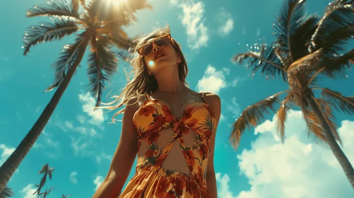 Tropical floral summer dress, vibrant orange, sleeveless, ideal for beach outings, lightweight and breathable fabric.