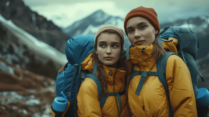 Yellow insulated hiking jackets with hoods and blue backpacks in a mountain setting, ideal for cold weather trekking.