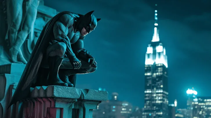 Black superhero costume with cape, perched pose, urban night skyline backdrop, sleek design, cosplay or Halloween wear.