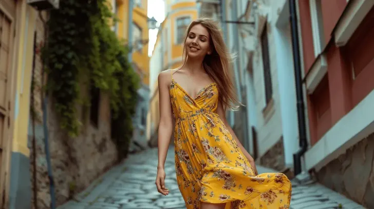 Yellow floral summer dress, sleeveless, lightweight fabric, perfect for casual outings or beachwear.