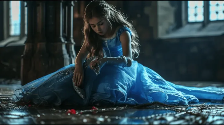 Elegant blue ball gown with intricate detailing, perfect for formal occasions or themed events.
