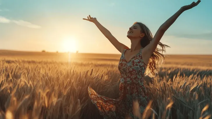 Floral summer dress in a wheat field at sunset, featuring a sleeveless design and lightweight fabric for casual wear.