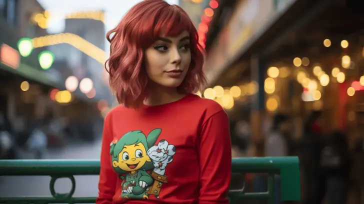 Red cartoon character sweater, casual style, cotton blend, ideal for cool weather wear, unisex fit.