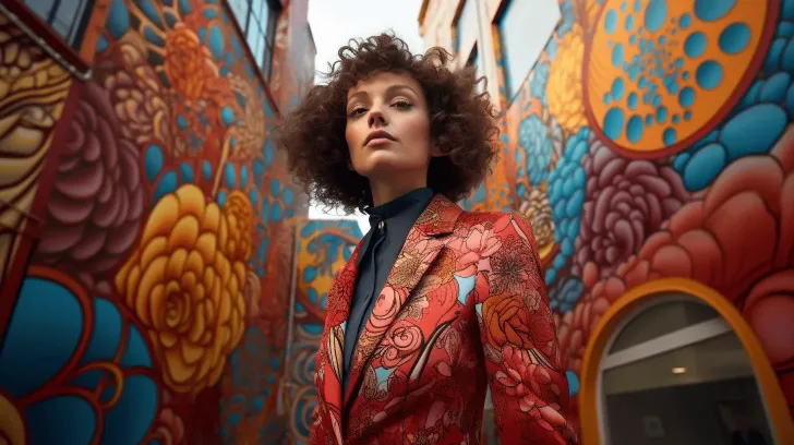 Colorful floral-patterned red blazer with intricate details, perfect for bold fashion statements and creative styling.