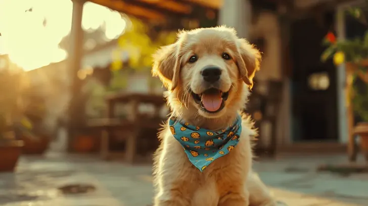 Golden retriever puppy wearing a blue bandana with smiley faces, sitting in a sunlit outdoor patio.