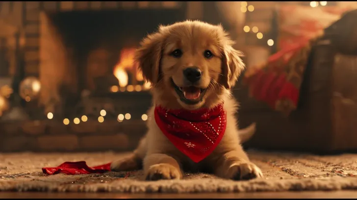 Golden retriever puppy wearing a red bandana, lying on a cozy rug in front of a fireplace with festive decorations.