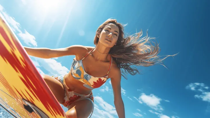 Colorful floral surf bikini set, vibrant summer style, ideal for beach activities, made of lightweight, quick-dry material.