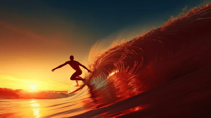"Vibrant sunset surfing scene with glowing waves, ideal for wall art or decor in coastal-themed spaces."