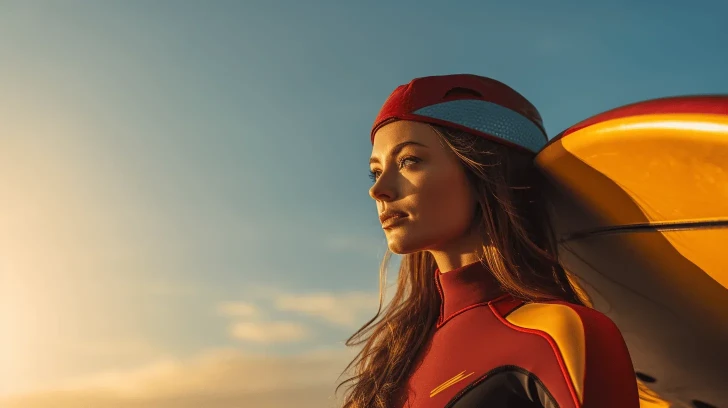 Red and yellow wetsuit with surfboard, ideal for surfing enthusiasts. Durable material, perfect for ocean adventures.