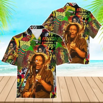Colorful reggae-themed short-sleeve shirt with musical graphics, ideal for casual beachwear and summer festivals.