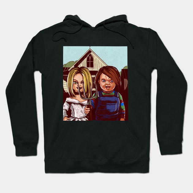 Black hoodie with horror-themed graphic print featuring cartoon characters, perfect for casual wear and Halloween events.