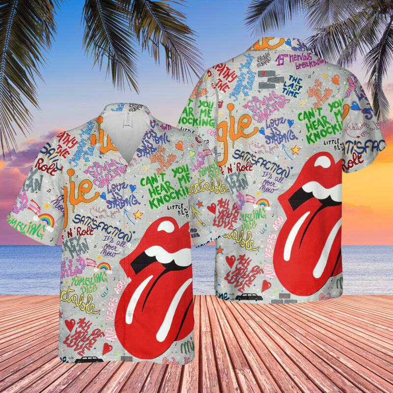 Colorful graffiti-style short-sleeve Hawaiian shirt with iconic red tongue logo, ideal for casual summer wear.
