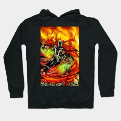 Black hoodie with vibrant superhero graphic, featuring fiery red and green colors, ideal for comic fans.