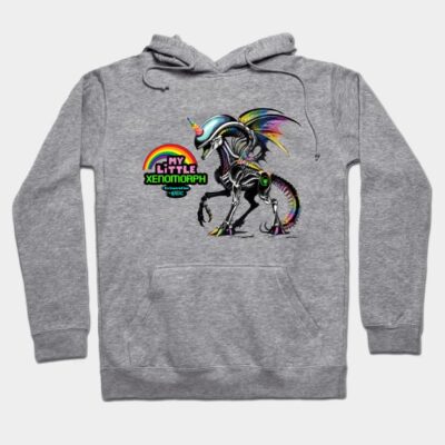 Gray hoodie with colorful alien unicorn graphic, "My Little Xenomorph" text, casual wear, cotton blend material.