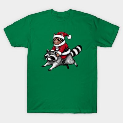 Green t-shirt with festive cat and raccoon graphic, Santa outfit design, cotton material, perfect for holiday wear.