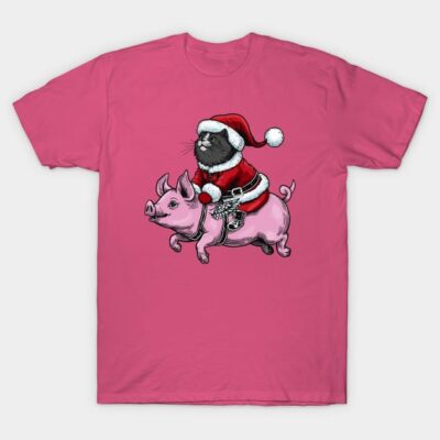 Pink t-shirt with humorous Santa cat riding a pig design, perfect for casual holiday wear. Cotton material.