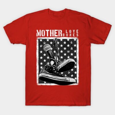 Red graphic t-shirt featuring microphone and sneakers, rock music theme, made of cotton, casual wear.