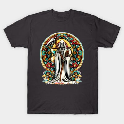 Black t-shirt with colorful skull and owl design, ideal for casual wear, made from soft cotton material.