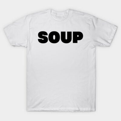 White cotton t-shirt with bold black "SOUP" print, casual style, perfect for everyday wear.