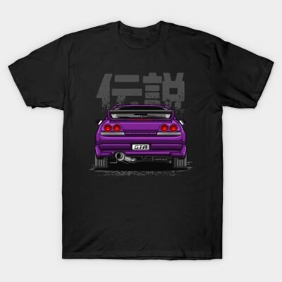 Black T-shirt featuring purple sports car design, ideal for car enthusiasts. Casual wear, 100% cotton fabric.