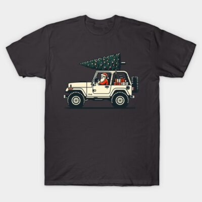 Black t-shirt with festive jeep graphic, featuring holiday tree and gifts. Ideal for Christmas celebrations. Cotton material.