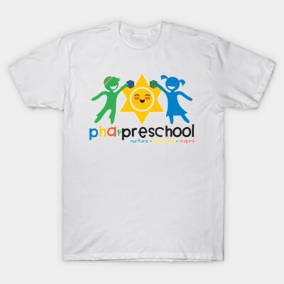 White preschool-themed T-shirt with colorful graphics, short sleeves, cotton material, perfect for kids' casual wear.