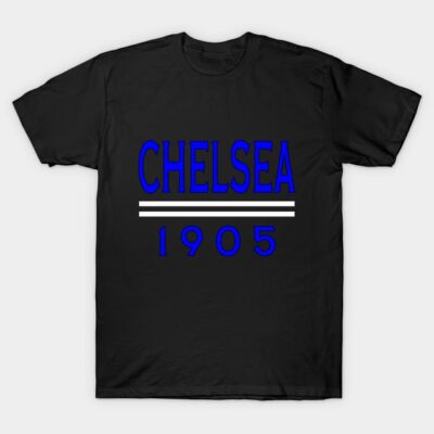 Black t-shirt with "Chelsea 1905" in bold blue text, casual style, suitable for sports fans, cotton material.