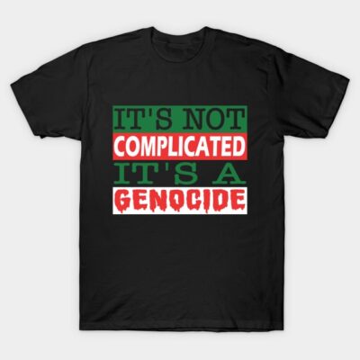 "Black t-shirt with bold political statement in green, red, and white text. Casual unisex style, cotton material."