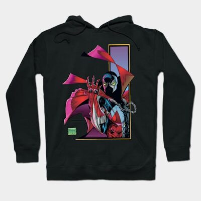Black hoodie with colorful graphic print, featuring comic-style design. Cozy streetwear fashion for everyday use.