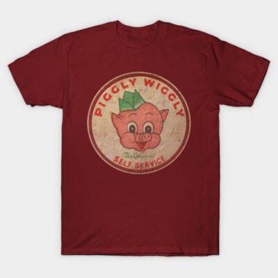 Maroon vintage-style t-shirt featuring retro pig graphic, ideal for casual wear, cotton material for comfort.