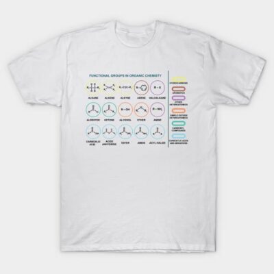 White organic chemistry t-shirt featuring functional groups chart, cotton material, educational and stylish design.