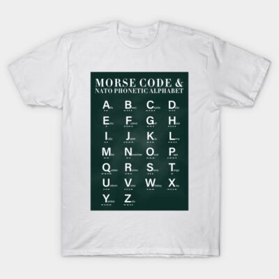 White T-shirt featuring Morse code and NATO phonetic alphabet chart, casual style, cotton material, educational design.