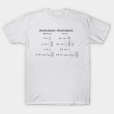 White cotton t-shirt featuring Maxwell's equations print, ideal for science enthusiasts and casual wear.