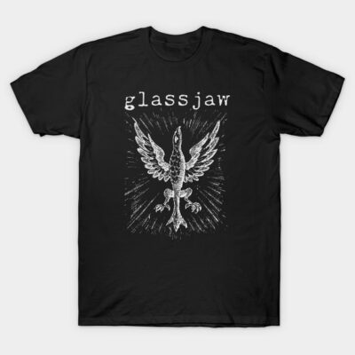 Black T-shirt with white graphic bird design and "glassjaw" text, casual style, cotton material.