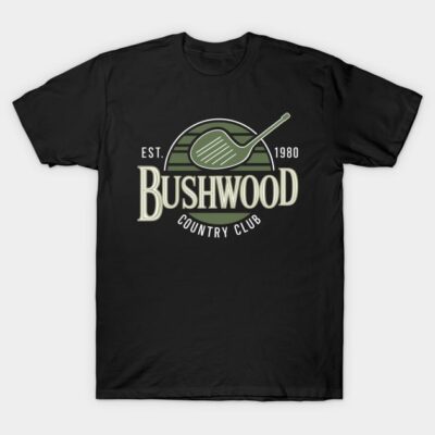 Black t-shirt featuring "Bushwood Country Club" logo with vintage style, perfect for casual wear.