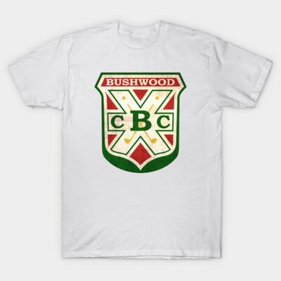 White T-shirt with vintage Bushwood CBC logo, colorful graphic design, casual wear, soft cotton material.