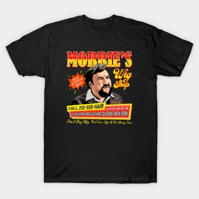 Black graphic T-shirt featuring retro-style wig shop design with bold text and illustration, casual wear, cotton material.