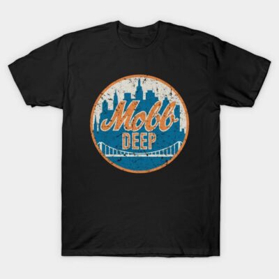 Black graphic t-shirt with vintage cityscape design, featuring bold text. Casual wear, soft cotton material.