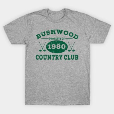 Gray vintage-style T-shirt with green "Bushwood Country Club 1980" design, casual wear, cotton blend.