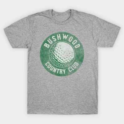 Gray t-shirt with green "Bushwood Country Club" logo, casual style, cotton material, ideal for golf enthusiasts.