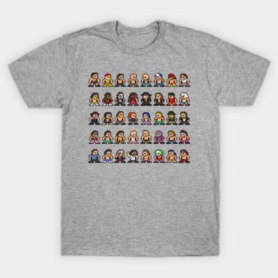Gray t-shirt featuring colorful retro-style pixel characters, perfect for casual wear and gaming enthusiasts.