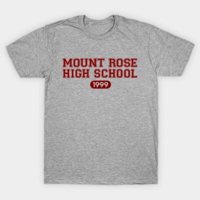 Gray t-shirt with red "Mount Rose High School 1999" print, casual style, soft cotton fabric, ideal for everyday wear.
